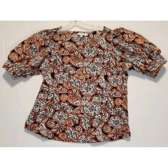 Chico's Tops - Chicos Size 3 XL Puff Short Sleeve Top Paisley Floral Navy Brown Casual Basic